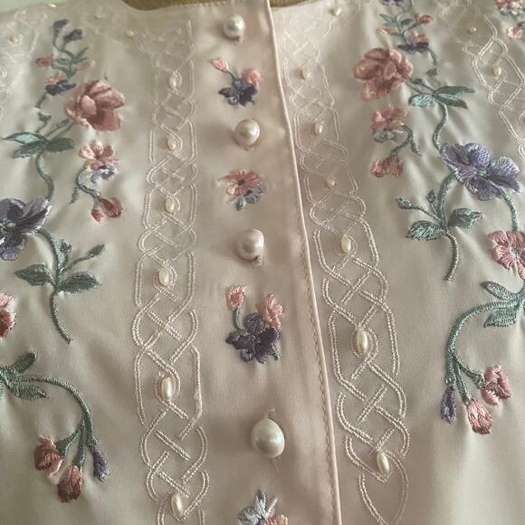 Vintage Laura Scott Pink Floral Blouse 90s Embroidered Pearl Button Top Sz 12 - Picture 14 of 17